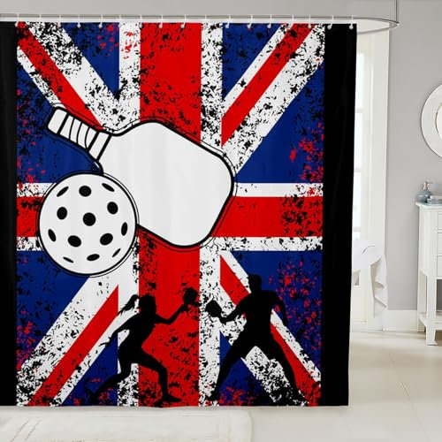 Homewish Rideau de Douche Pickleball Rideau Douche 180x210cm Rustique Rideaux de Bain Enfants Adolescents Adultes Joueur de Pickleball Rideaux de Baignoire Hommes Femmes Rouge Bleu L'Union Jack