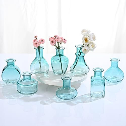 Lot de 8 petits vases en verre pour décoration de table - Bleu