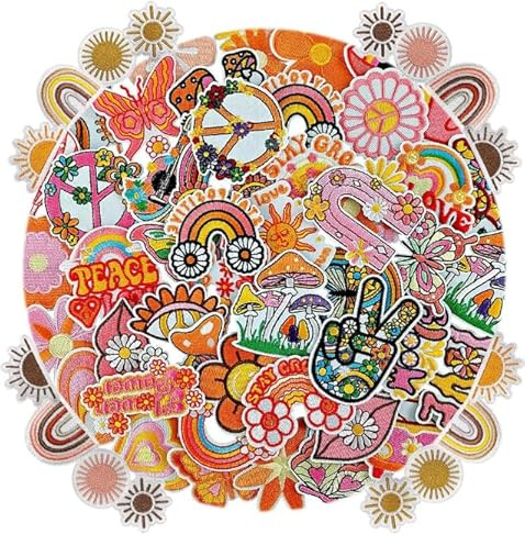 60 Stück Böhmen Hippie Flicken Bügelbilder Patches zum Aufbügeln Sonnengestickter Bestickte Aufnäher für Aufnähen oder Aufbügeln auf Kleidung,Kleid,Hut,Jeans,Rucksäcke,Jacken,T-Shirt