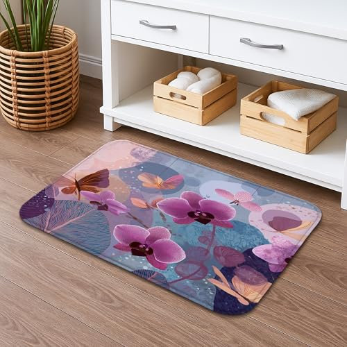 Badematte mit Orchideen-Blumenmuster, schnell trocknend, elegant, violett, Blume, Schmetterling, saugfähig, rutschfest, Memory-Schaum, waschbar, Badteppiche für Badezimmer, WC, WC, dekorativ, 50,8 x