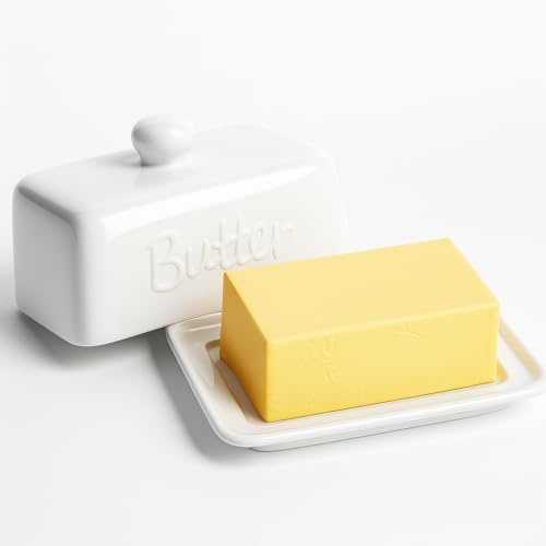 HONZUEN Beurrier Céramique avec Couvercle, Boîte à Beurre pour 500g et 250g, Beurrier Porcelaine Grande Capacité, Boîte à Beurre pour Frigo, Blanc