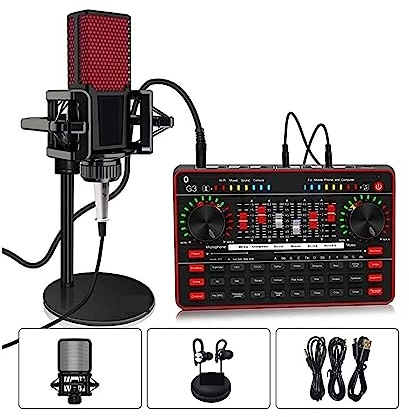YQVEOT Podcast Mikrofon Set, Soundkarte Mikrofon Audio USB Headset Webcast Live Soundkarte Interface Externe USB Soundkarte for Singen(G3 with L9 Red)