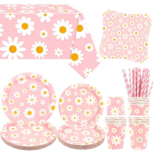 Obussgar Daisy Party Decoration - Daisy Birthday Party Tableware Supplies Includes Plates, Cups, Napkins, Tablecloth, Straws - Serves 20 (Pink)