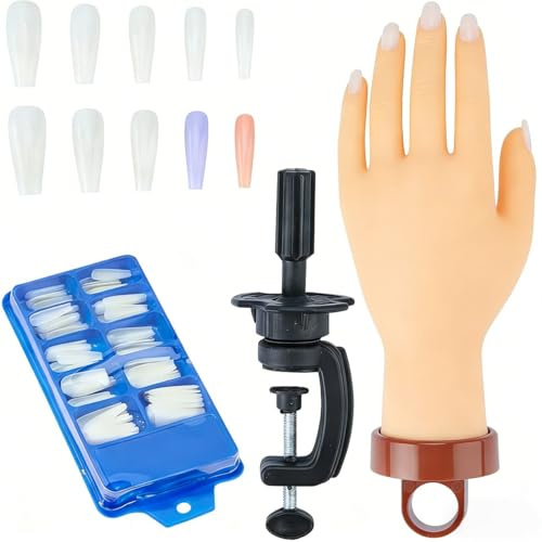 SUPERFINDINGS Practice Hand for Acrylic Nails Rubber Flexible Fingers Training Hands False Mannequin Hand with 100Pcs Trapezoid Plastic Nail Tips for Beginners Manicure Training