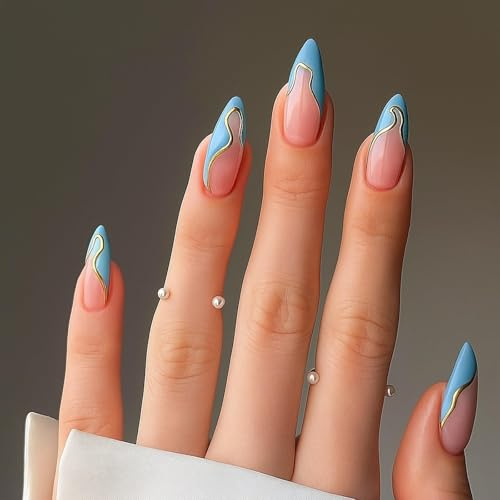 Short Almond Press On Nails, Glossy Pink And Blue Gold Wave, 24-Piece | Reusable False Nails, Tapered Pointed Shape, For At-Home Manicures, Everyday Outfits, Parties And Weddings