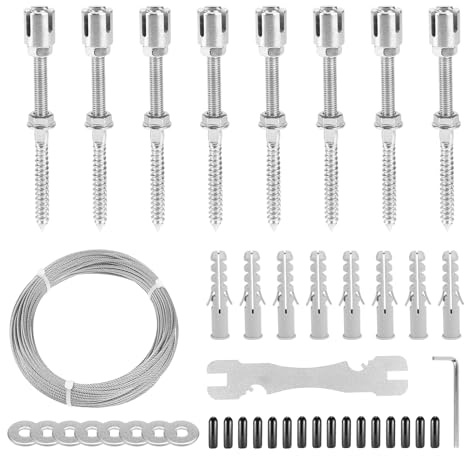 EXLECO 316 Edelstahl Rankhilfe für Kletterpflanzen, 8 Halter, 12m 3mm Seil | Wandpflanze Kletterstahldrahtseil Edelstahl Rankgitter Wand Klettergerüst für Pflanzen Rosen Clematis Weinreben