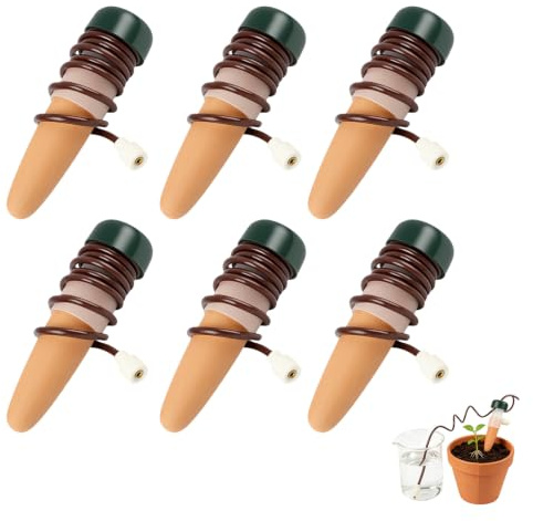 Set de 6 Mecanismos de Riego Automático de Cerámica para Plantas de Interior y Exterior, Cono de Arcilla con Manguera, Sistema de Goteo para Grandes y Pequeñas Plantas, para Riego en Vacaciones