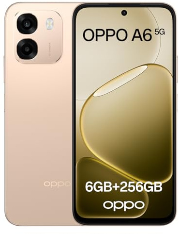 OPPO A6 5G Android Smartphone, 6+256Go, Processeur Dimensity 6300, Écran 120Hz 6,75, Caméra Ultra-Nette 50MP, Batterie 6550mAh, Résistance à l'eau IP69, Charge Flash SUPERVOOC 45W, Aurora Gold