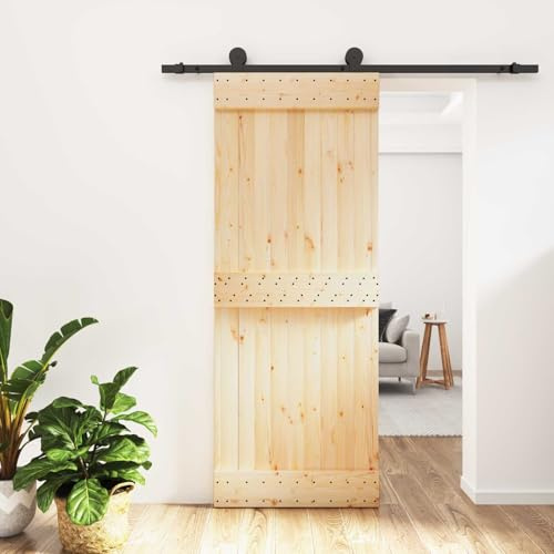 Ziaphsol Porta scorrevole in pino massiccio nero naturale, 80 x 210 cm, porta interna con guida in acciaio verniciato a polvere, salvaspazio, per appartamento, bagno e ristrutturazione