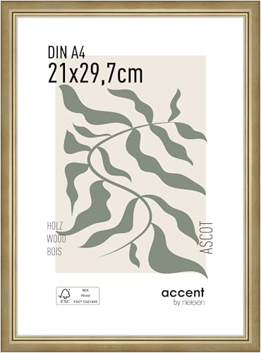 accent by nielsen Holz Bilderrahmen Ascot, 21 x 29,7 cm (A4), Gold | Holz Dokumentenrahmen im Hoch- & Querformat zum Aufhängen Gold matt Echtglas