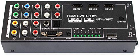 Multifunktionaler HDMI-Konverter mit 8 Eingängen (VGA + AV + Ypbpr-Komponente + HDMI) zu Einem HDMI-Ausgang, Koaxial-Ausgang, SPDIF-Ausgang, unterstützt HDMI v1.4 3D