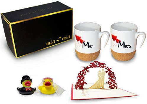 MIAMIO - Regalo para Pareja Nupcial Mr & Mrs/Set de Regalo de Boda/Tazas de Café Set con Corcho (Boda)