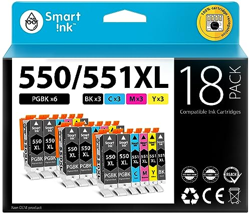 Smart Ink Kompatibel Druckerpatronen als Ersatz für Canon PGI 550XL 550 XL CLI 551XL 551 (6 PGBK & 3BK/C/M/Y 18 Multipack) für Canon PIXMA iX6850 MG5650 MX725 MG6650 MG6450 MX925 iP7250 MG5550 drucker