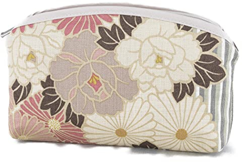 Trousse Maquillage Petite pour Femmes Fabriqué au Japon Pochette Tissu Zippée Fabriqué Petite Trousse de Toilette Pochette Cosmétique Vanity Fleurie (Rétro Fleur Rose-Beige)