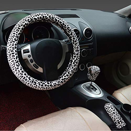 3 in 1 Weicher Leopard Auto Lenkradbezug Handbremsgriff Schalthebelmanschette Abdeckungen 38 cm Kurzer Plüsch Warmer Winter für alle Autos Weiß