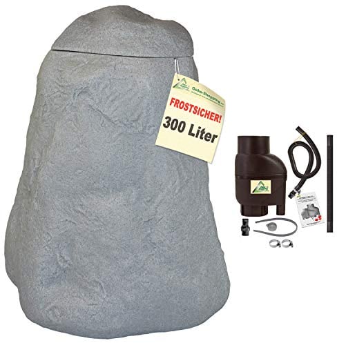 Regentonne, Regentonnen, Regenspeicher, Regenbehälter, Fels 300l grau mit Befüll- und Entnahme-Set braun FROSTSICHERES Regenfass Wassertonne mit Deckel und Wasserhahn DAS ORIGINAL
