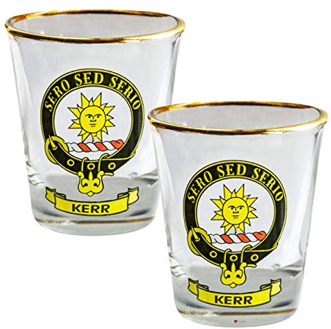 I LUV LTD Shot Glass Wee Dram Kerr Clan Crest Set of 2 Whisky Tots