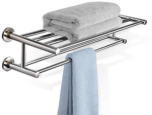 DREAMADE Handtuchablage Bad, Badetuchablage Edelstahl, Handtuchstange mit 2 Ablagen, Handtuchständer Wand Handtuchhalter, Badetuchstange Ablage für Badezimmer, Küche