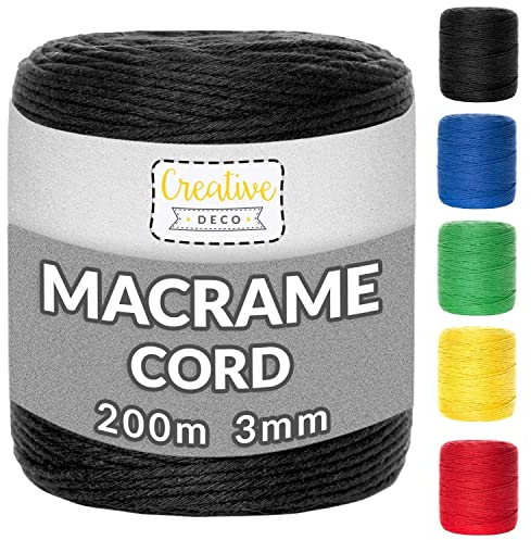 Creative Deco Gomitoli Cotone per Uncinetto 1 PCS 3mm/200m Nero | Filati Colorati Cotone 3mm (+-0.5mm) | Filo | Fettuccia per Borse a Decorazione Casa Fai da Te