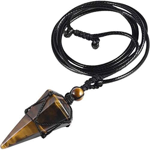 KYEYGWO Sechseckiger Kristall Anhänger Kette Damen Herren | Halskette mit Einstellbare Lederseil Polierte Quarz Spitz Stein Reiki Glücksstein Schmuck Meditation Spiritueller Edelstein