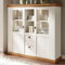 Lomadox Highboard Vitrinenschrank im Landhaus Design, Pinie weiß, Wotan Eiche Nb. inkl. LED, B/H/T ca.: 148/139/44 cm