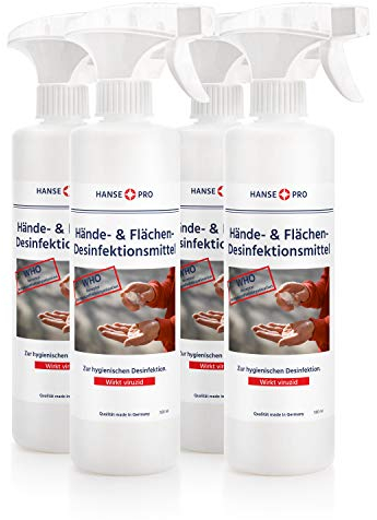 HANSE PRO Haut- & Flächen-Desinfektions-Spray, 4 x 500 ml I Händedesinfektion I Hygiene I ideal geeignet für Hand, Haut und Flächen I in praktischer Sprühkopf-Flasche