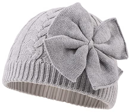 XIAOHAWANG Baby Mütze Mädchen Strickmütze Kinder Wintermütze Warm Kindermützen Mit Schleife (Grau, Gr.S(0-6Monate)