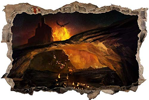 3D Wandtattoo Mauerloch Wandsticker Wandaufkleber Durchbruch selbstklebend Schlafzimmer Wohnzimmer Kinderzimmer,Stadt Drache Feuer Fantasy,Größe: 80x125cm