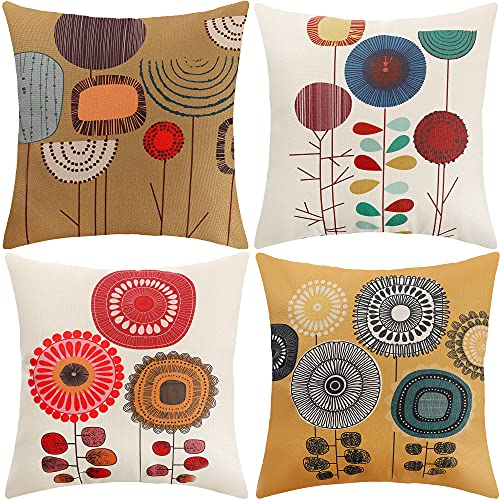 ARNTY Kissenbezug 45x45cm, Kissenhülle Boho Kissenbezüge 4er Set Dekorativ Kissenbezug für Sofa Büro Auto Schlafzimmer Zuhause Dekor (Blumen-Leinen)
