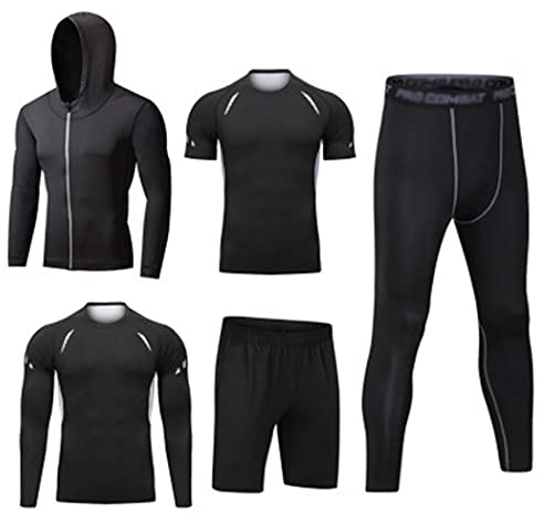 HZQIFEI Herren 5 Stück Fitness Trainingsanzüge Anzug Kompressionsshirt Sportbekleidung Schnelltrocknend Atmungsaktiv für Running Gym Fitness