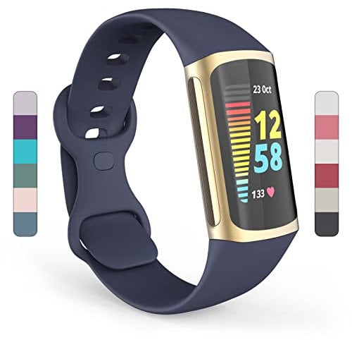 Yousave Accessories Compatible Strap For Fitbit Charge 6 / Fitbit Charge 5, Silicone Charge 5 Wristband, Sport Wrist Strap for the Fitbit Charge 5 - Large - Dark Blue