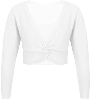 FEESHOW Kinder Mädchen Schulterjacke Langarm Ballett Bolero Top Tanz Gymnastik Jäckchen Baumwolle/Mesh Weiß C 140-152/10-12 Jahre