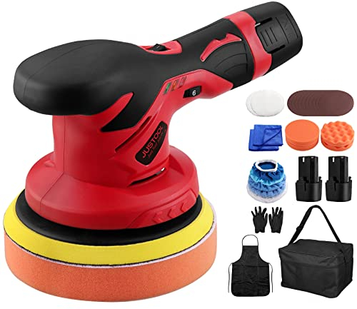JUSTOOL 6'' Poliermaschine Exzenter Polierer 6 Geschwindigkeit Winkelpolierer Akku Polierer mit 5 Polierschwamm + 2x 2,0A Batterien, Exzenterpolierer zum Polieren von Auto, Boot, Motorrad - 25 in 1