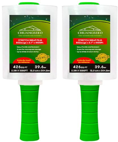 2-Pack Industrial Mini Clear Stretch Wrap Film 80 Gauge 5.1 1000ft for Pallet Wrap with Plastic Handle,Durable Self-Adhering Packing,Moving,Packaging,Heavy Duty Shrink Film Chuangseed