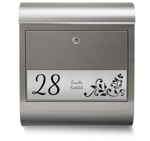 banjado® Briefkasten personalisiert mit graviertem Namensschild in Silber/Briefkasten Edelstahl 38x43x12cm / Briefkasten mit Hausnummer, Namen & Motiv WT Blaues Ornament/Briefkasten mit Zeitungsfach
