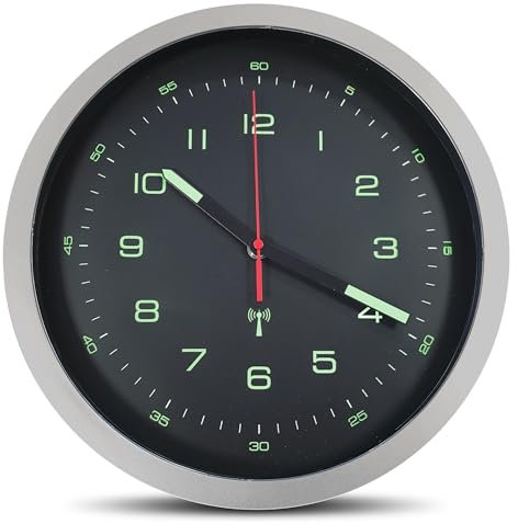 FISHTEC - Horloge Murale Design Phosphorescente - Double Affichage, Radio-pilotée, Grands Chiffres, Lecture Facile, Aspect Compteur de Vitesse - Ø 30 cm - Gris