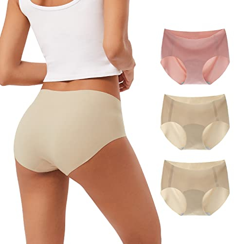 INNERSY Slip Damen Nahtlos Spandex Unsichtbare Unterhosen Seamless Hipster Unterwäsche 3 Pack (M, Rosa/2 Beige)