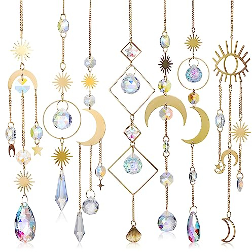 Amosfun Kristall-Sonnenfänger Zum Aufhängen Sonnenfänger Hängende Kristalle Bunte Sterne Mond-Anhänger Hängende Fänger Mit Kettenanhänger Ornament Für Fenster Haus Garten Dekoration
