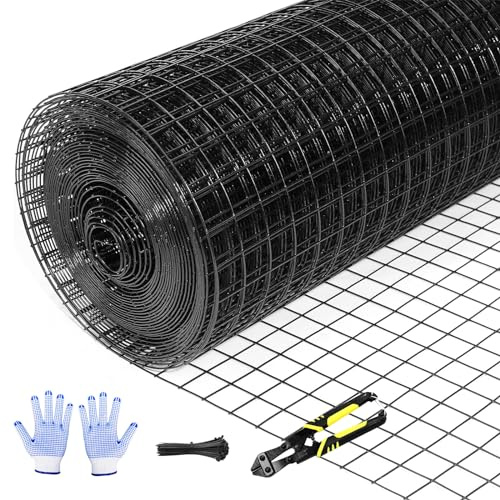 Tongmo 24 x 100' Black Hardware Cloth, 1inch Mesh Chicken Wire Fence, 19 Gauge Vinyl Coated Wire and Welded Wire Roll,Garden Fence, Poultry Netting for Rabbit/Duck/Chicken Coop