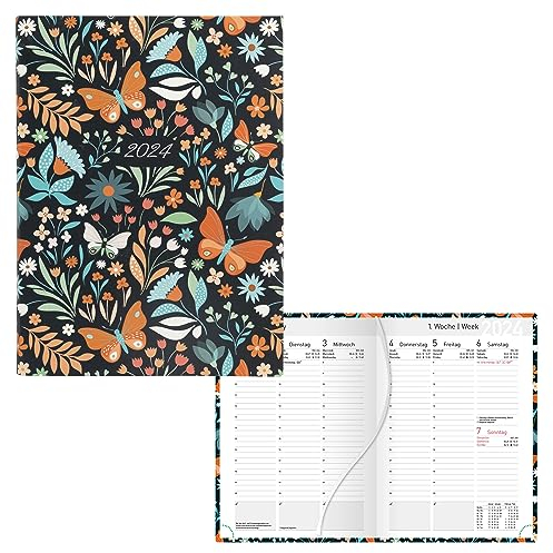 Idena 11026 - Wochenkalender 2024, Flower Meadow, DIN A6, 128 Seiten, Hardcover Einband, Terminplaner, Buchkalender