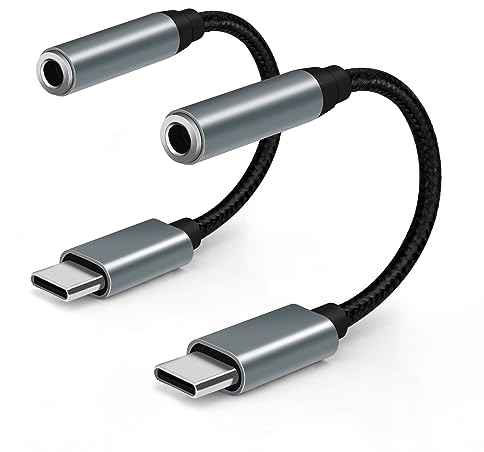 Adaptador de USB-C a Conector de Auriculares de 3,5 mm (Pack de 2), Adaptador de Auriculares Aux a USB C de Tipo C a 3,5 mm Aux Compatible con Samsung Galaxy, iPad Pro, MacBook(Gris)