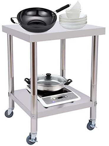 Arbeitstisch 60x60x80cm Edelstahl Catering Arbeitstisch, Zubereitungstisch aus Edelstahl, Küche Tisch 400 kg für Belastbarkeit Lebensmittel, Gewerbliche Arbeitsstation für Küche, Garage (mit Rollen)