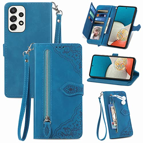 JayModCase Handyhülle für Samsung Galaxy A53 5G, PU Leder Magnetverschluss Handytasche, mit Reißverschlusstasche Ständer Kartenfächer Hülle Kompatibel mit Samsung A53 5G - Blau