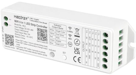 Jandei – Controlador 5 en 1 para Tiras Led 12V, 24V y 48V. Modos Salida Monocolor, CCT, RGB, RGBW y RGB+CCT. Wifi + Bluetooth, Mando. Compatible con Tuya Smart, Alexa y Google Home