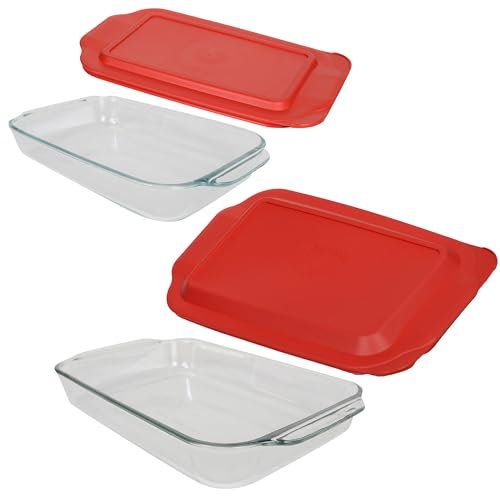 Pyrex 233 3qt & 232 2qt Glass Baking Dishes with 233-PC & 232-PC Red Lids - Made in the USA
