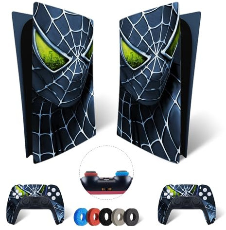 MaD Vision® Set de Skin Extra-Duraderas en Vinilo para PS5 Digital + 5 Pares de Aiming Rings|Kit Adhesivo y Resistente a los Arañazos para Playstation 5 + 2 Controllers – para Spider-Man Diseño