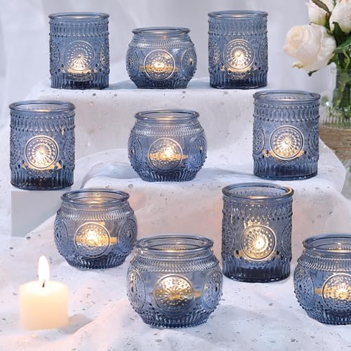 DARJEN Lot de 12 bougeoirs en verre pour décoration de fête, bougies chauffe-plat pour mariage - Bleu