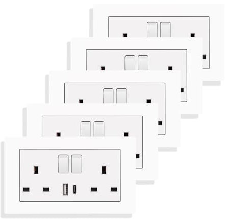 JIMEIDA 5 Pack Double Switched Power Socket White 13 Amp with USB-A and Type-C Charging Ports Crystal Wall Outlet Electric Power Socket 146mm*86mm