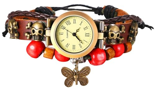 JewelryWe Damenuhr Retro Leder Uhr: Totenkopf Schädel Schmetterling Analog Quarz Armbanduhr Damen geschichtet Perlen Leder Geflochten Armband verstellbar Armreif Uhr mit römischen Ziffern Zifferblatt