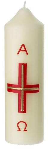 Weisse Osterkerze mit Alpha und Omega und Kreuz in modernem Stil, Rot und Goldfarben, 16,5x5 cm